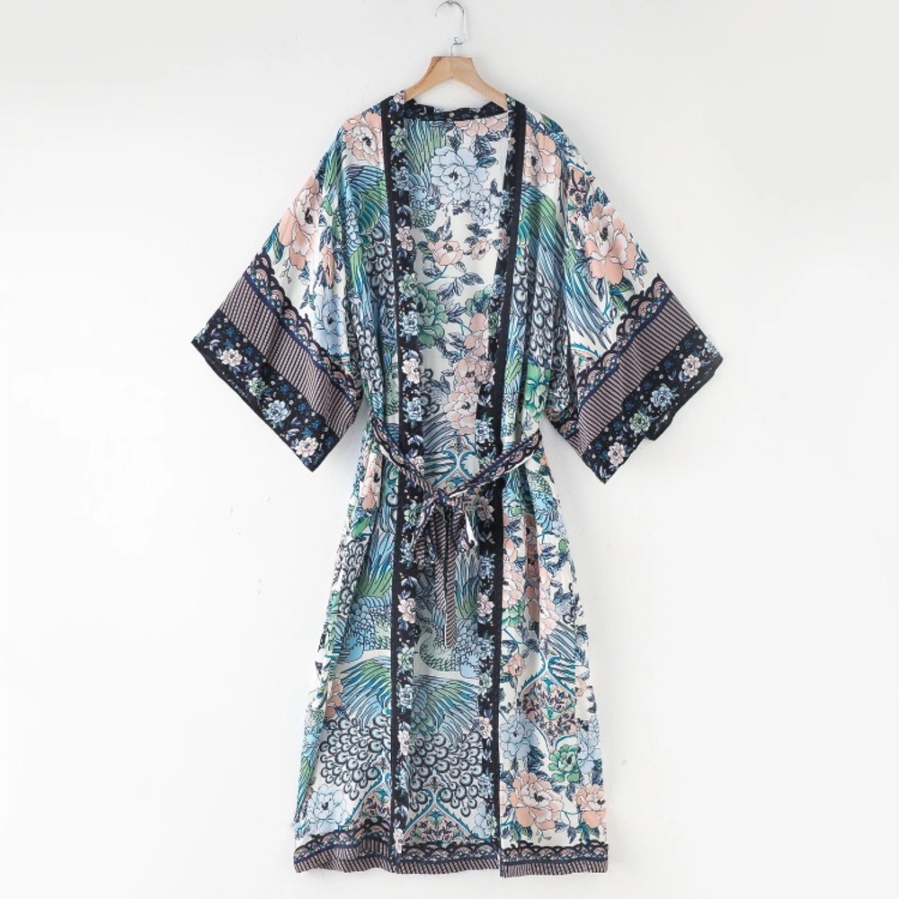 (Last 2)Blue Boho Kimono Robe, Peacock beachwear